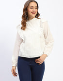 Madame Schilffli Adorned Ruffle Neck Off White Cotton Top