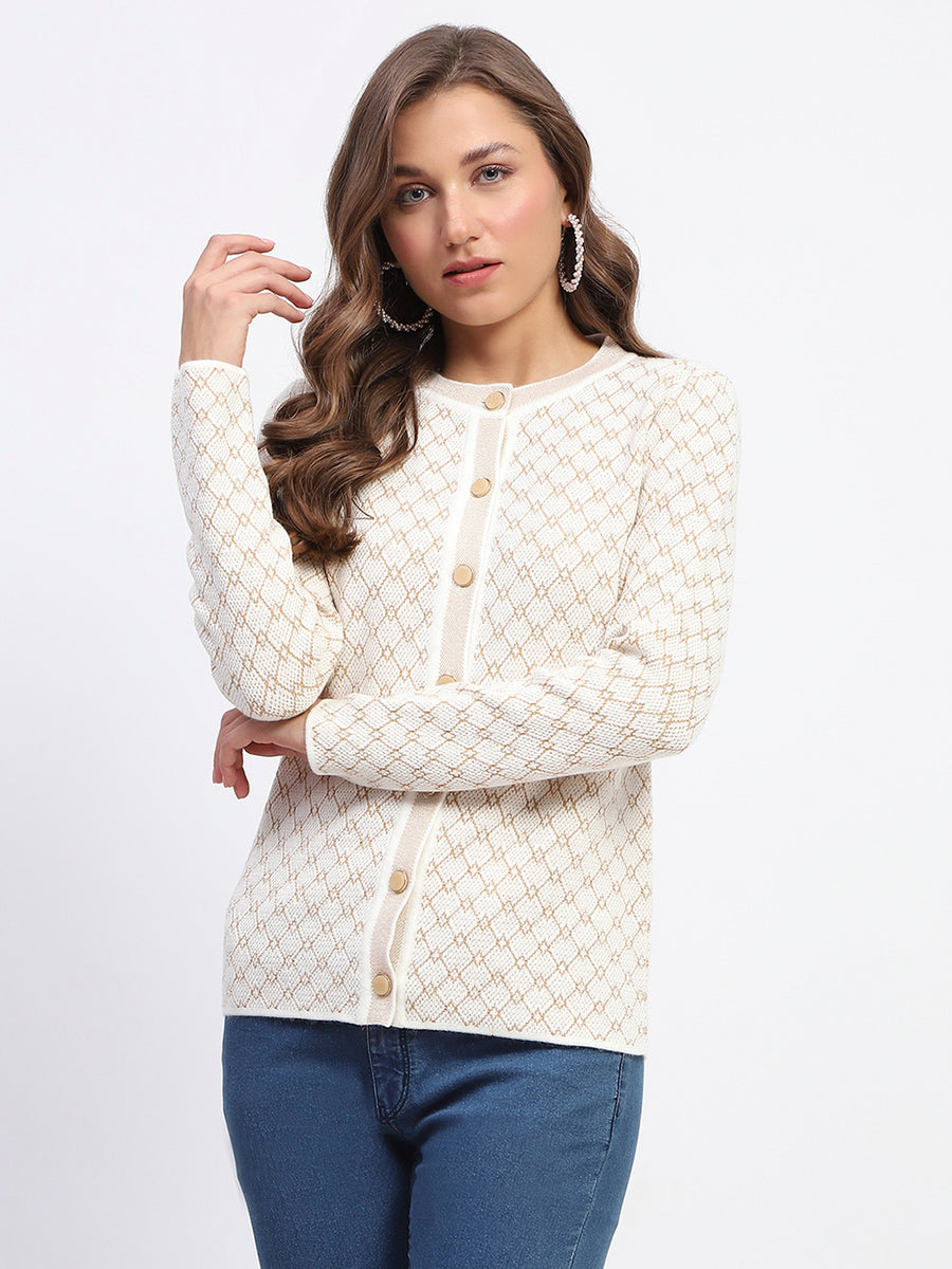 Madame Offwhite Printed Buttoned Cardigan