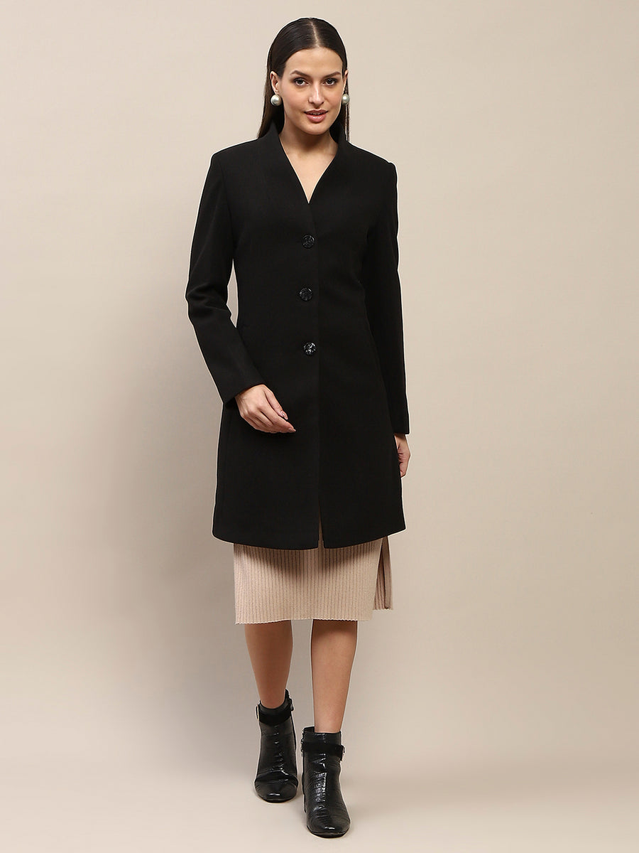 Madame Melange Side Inseam Pocketed Black Long Coat