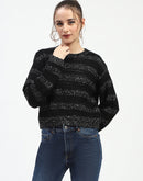 Madame Black Striped Cropped Sweater with Sparkle Detailing