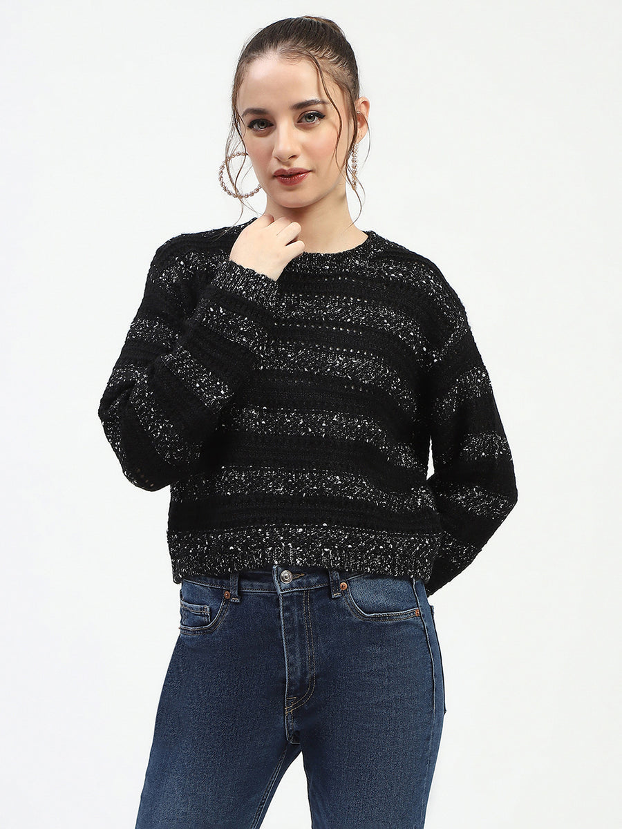 Madame Black Striped Cropped Sweater with Sparkle Detailing