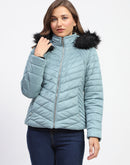 Madame Fur Hooded Sea Green Puffer Jacket