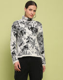 Madame Abstract Print Mock Neck Off White Sweater