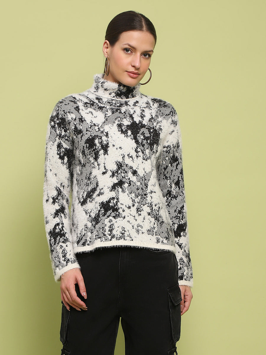 Madame Abstract Print Mock Neck Off White Sweater