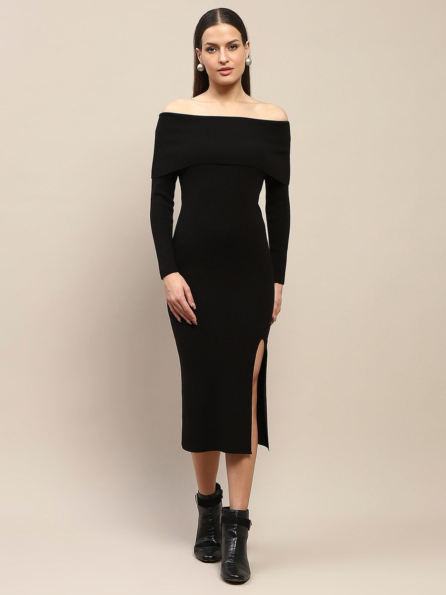 Madame Off Shoulder Side Slit Black Bodycon Midi Dress