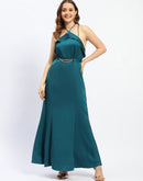 Madame Halter Neck Metal Accented Belt Teal Maxi Dress