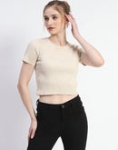 Madame Solid Beige Ribbed Crew Neck Crop Top