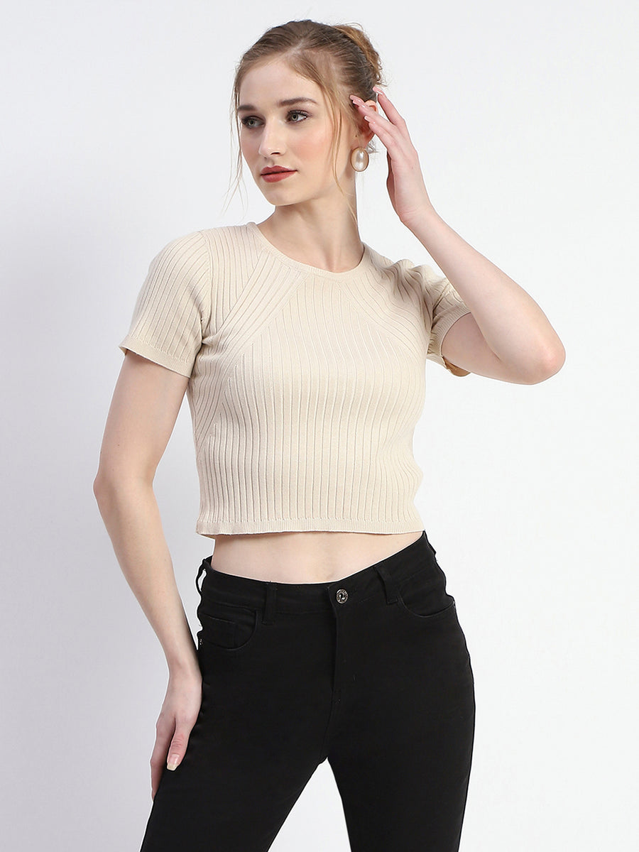 Madame Solid Beige Ribbed Crew Neck Crop Top