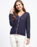 Madame Geometric Pattern V Neck Navy Blue Cardigan