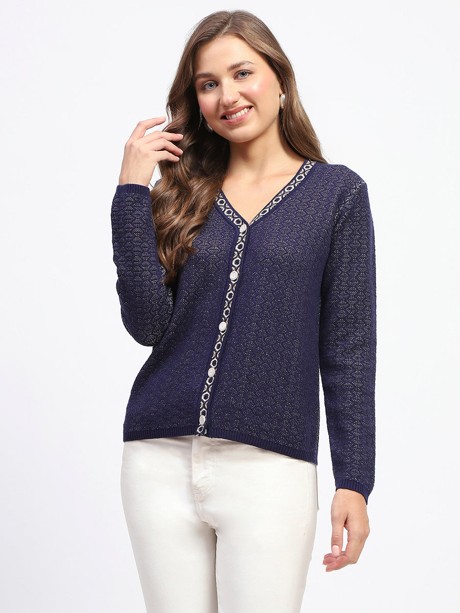 Madame Geometric Pattern V Neck Navy Blue Cardigan