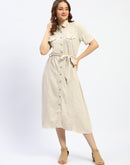 Madame Viscose Blend Belted Button Down Beige Shirt Dress