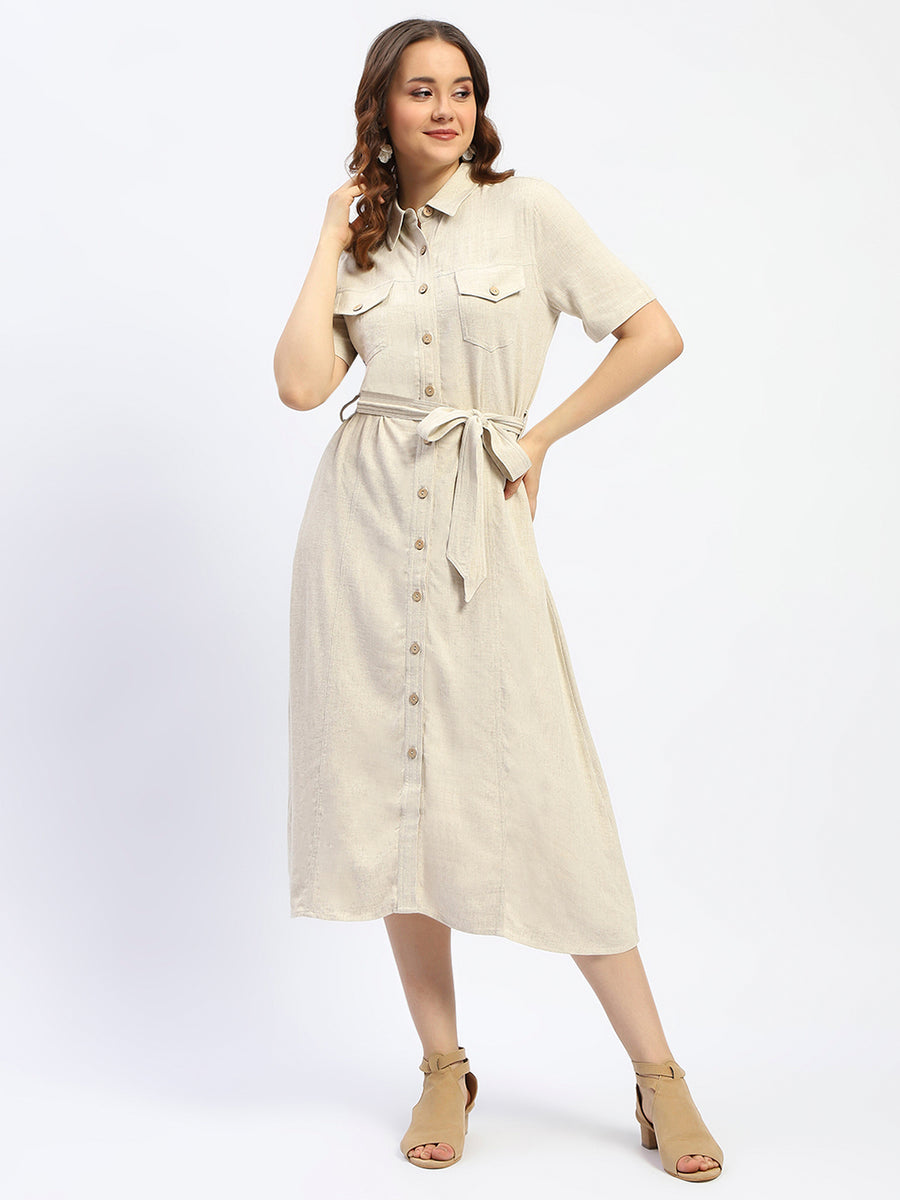 Madame Viscose Blend Belted Button Down Beige Shirt Dress