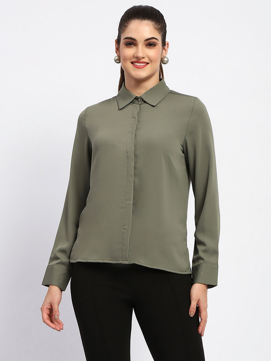 Madame Solid Green Cuff Sleeve Shirt