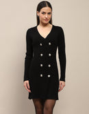 Madame Double Breasted V Neck Black Knitted Mini Dress