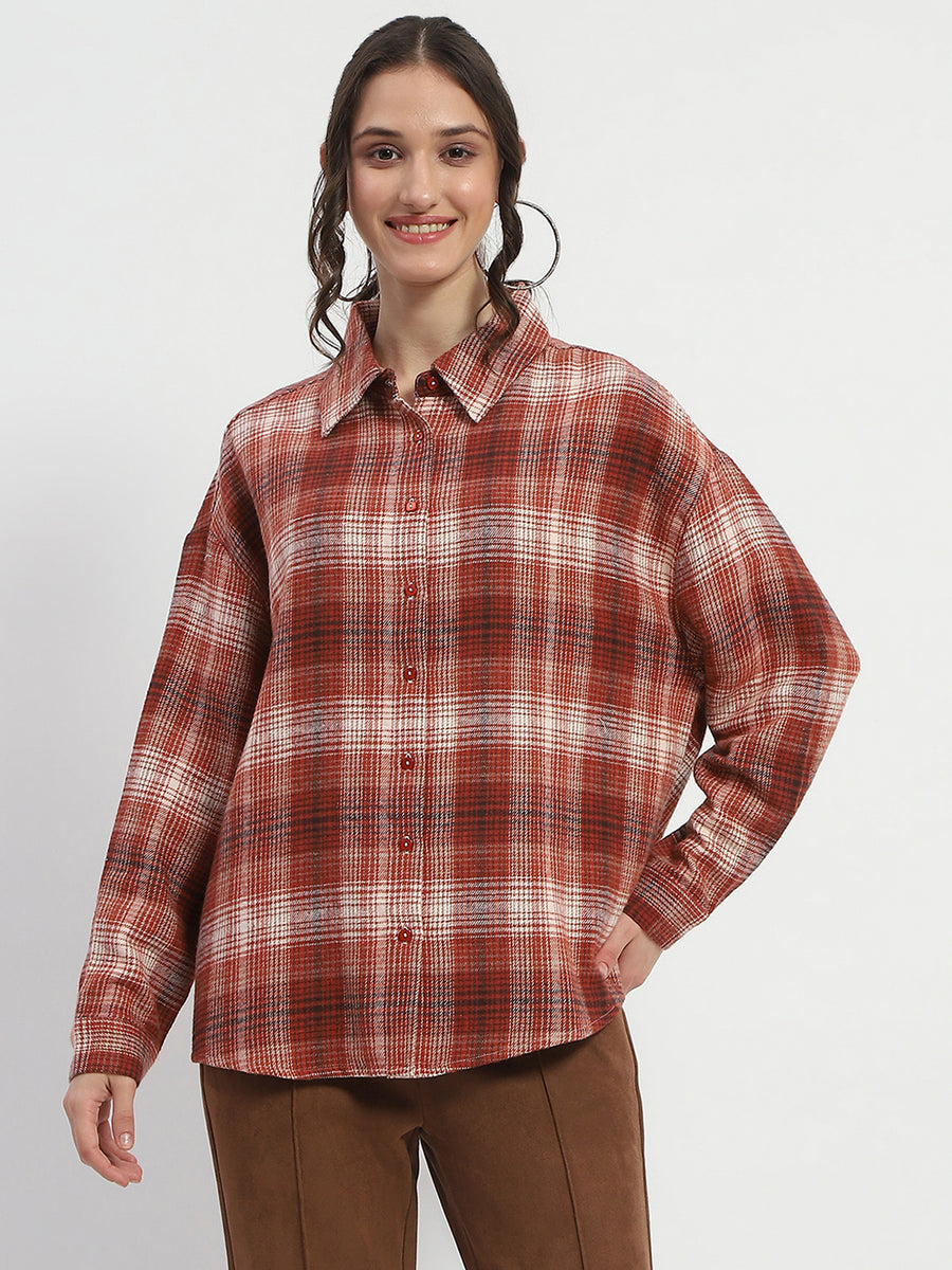 Madame Chequered Long Sleeved Cotton Brown Shirt