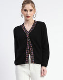 Madame Colorful Embroidered Trim V-Neck Black Cardigan