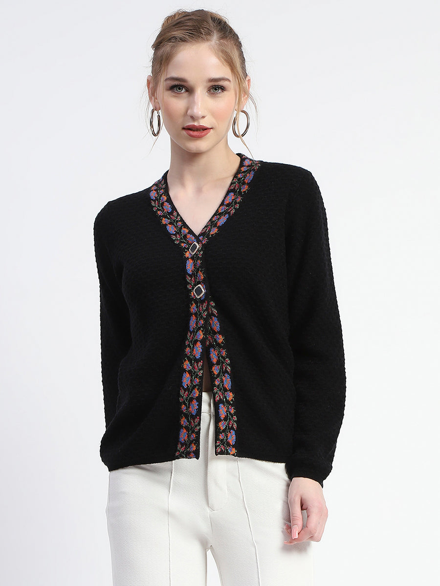 Madame Colorful Embroidered Trim V-Neck Black Cardigan