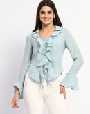 Madame Solid Sky Blue Ruffle Neck Bell Sleeve Top