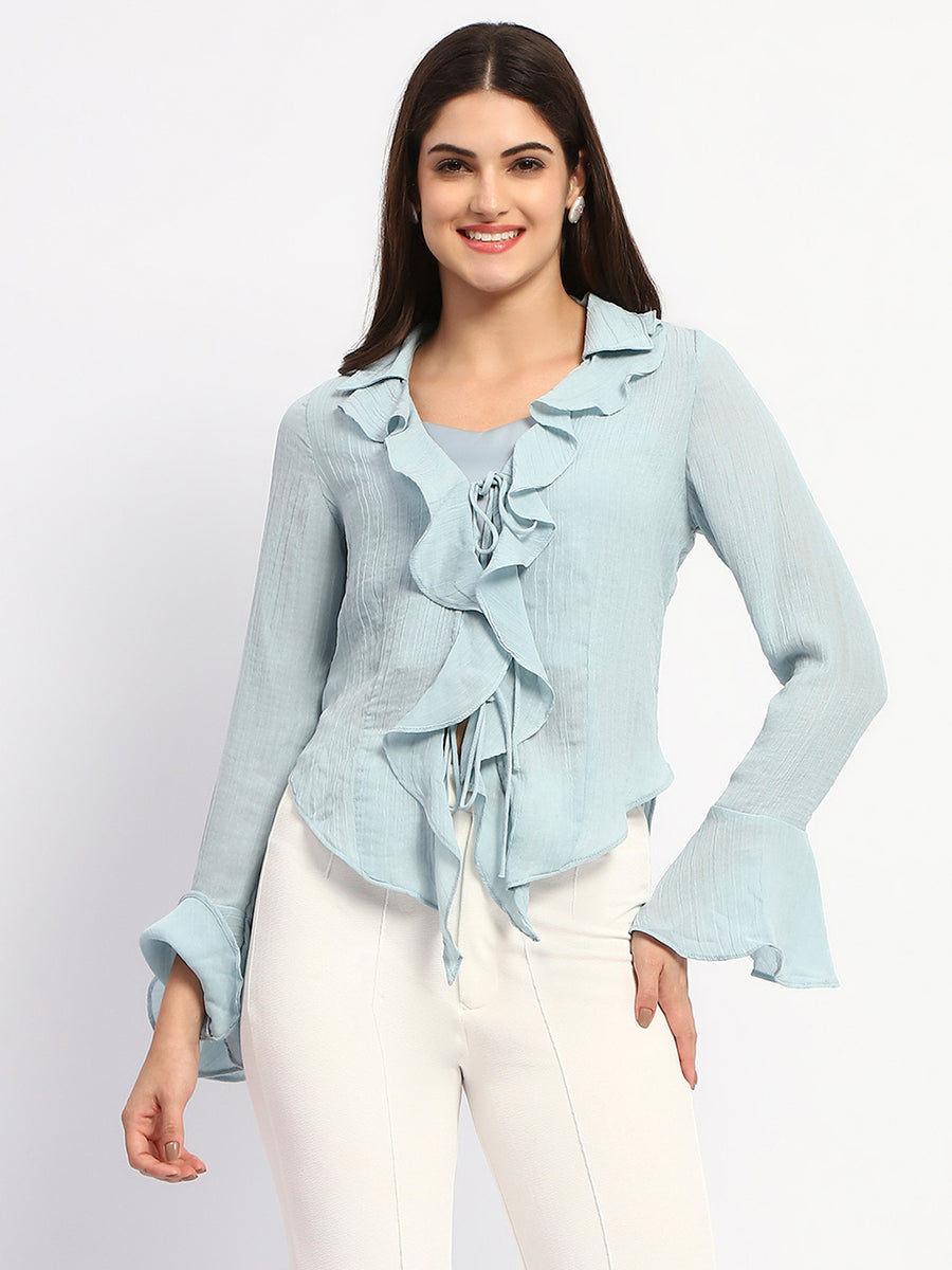 Madame Solid Sky Blue Ruffle Neck Bell Sleeve Top