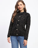 Madame Black Shimmer Printed Buttoned Cardigan