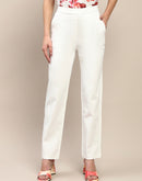 Madame Solid Side Zipper And Pocketed White Trousers