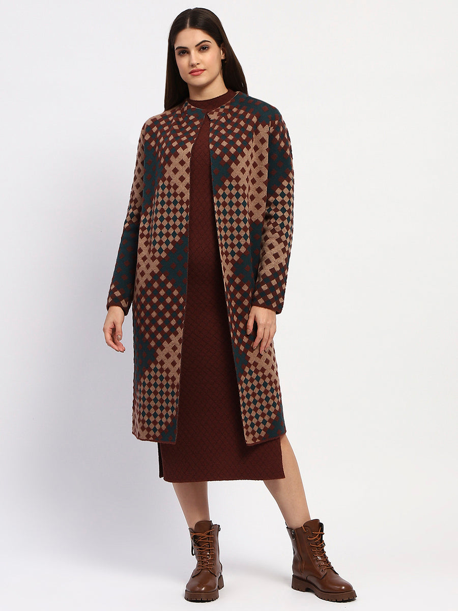 Madame Geometric Print Long Coat And Midi Dress Ensemble