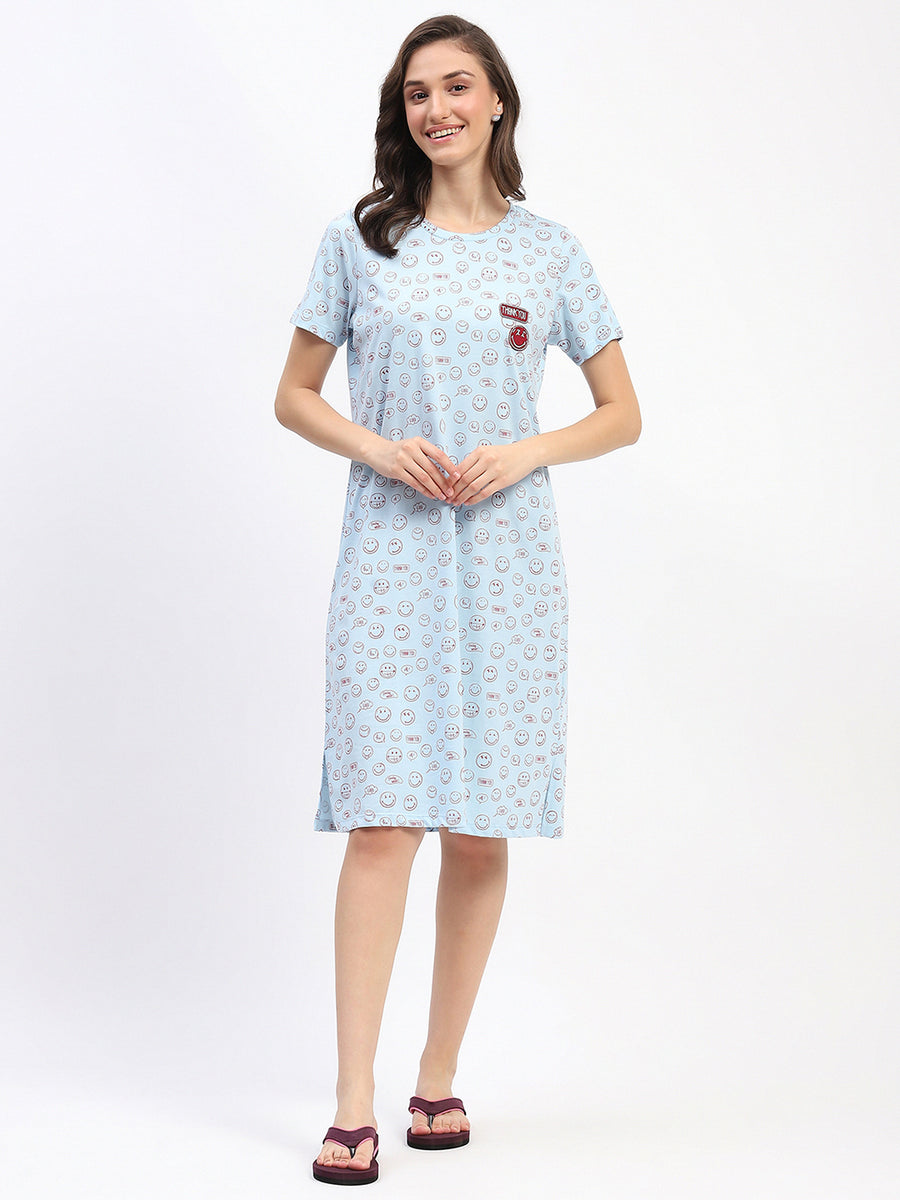 mSECRET Sky Blue Smiley Print Short-Sleeve Cotton Nightdress