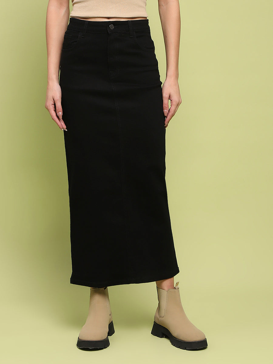 Madame Black Whiskered Cotton Midi Denim Skirt