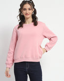 Madame Solid Light Pink Crew Neck Cotton Sweatshirt