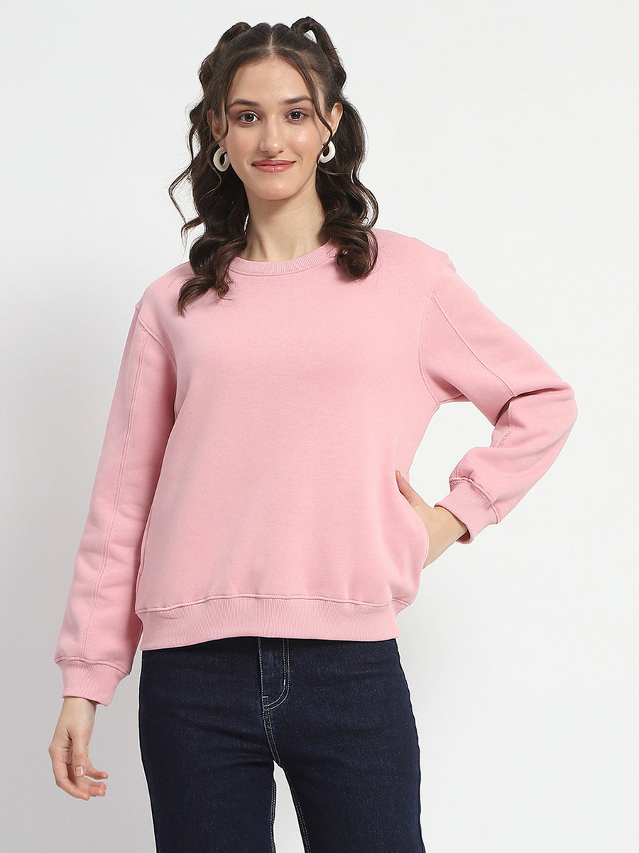 Madame Solid Light Pink Crew Neck Cotton Sweatshirt