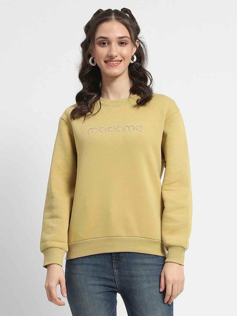 Madame Fleece Handwork And Embroidered Golden Yellow Sweatshirt  For Women