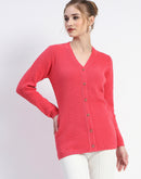 Madame Solid Coral Cable Knit Full Sleeve Cardigan