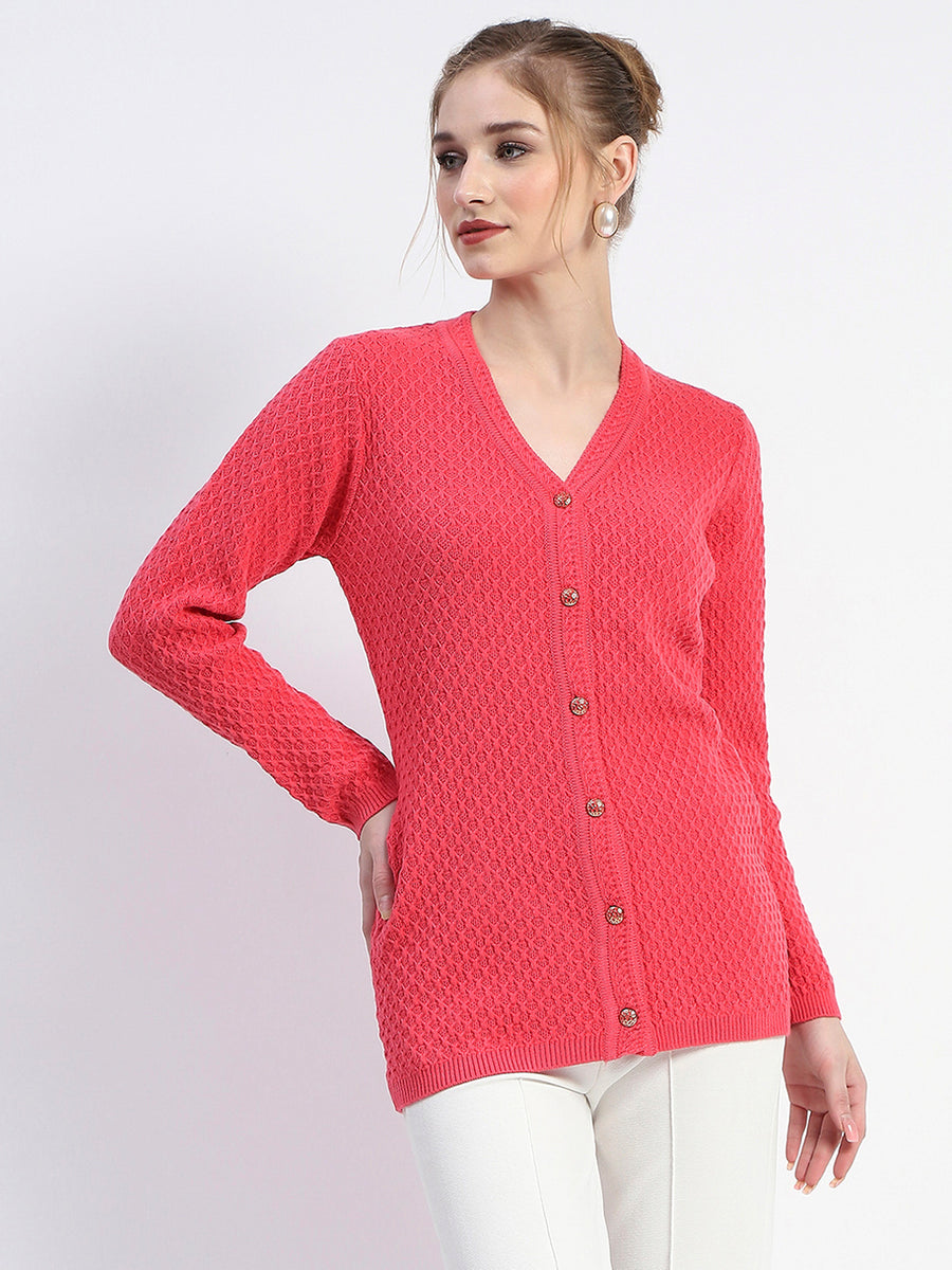 Madame Solid Coral Cable Knit Full Sleeve Cardigan