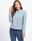 Madame Blue Crew Neck Buttoned Short Coat