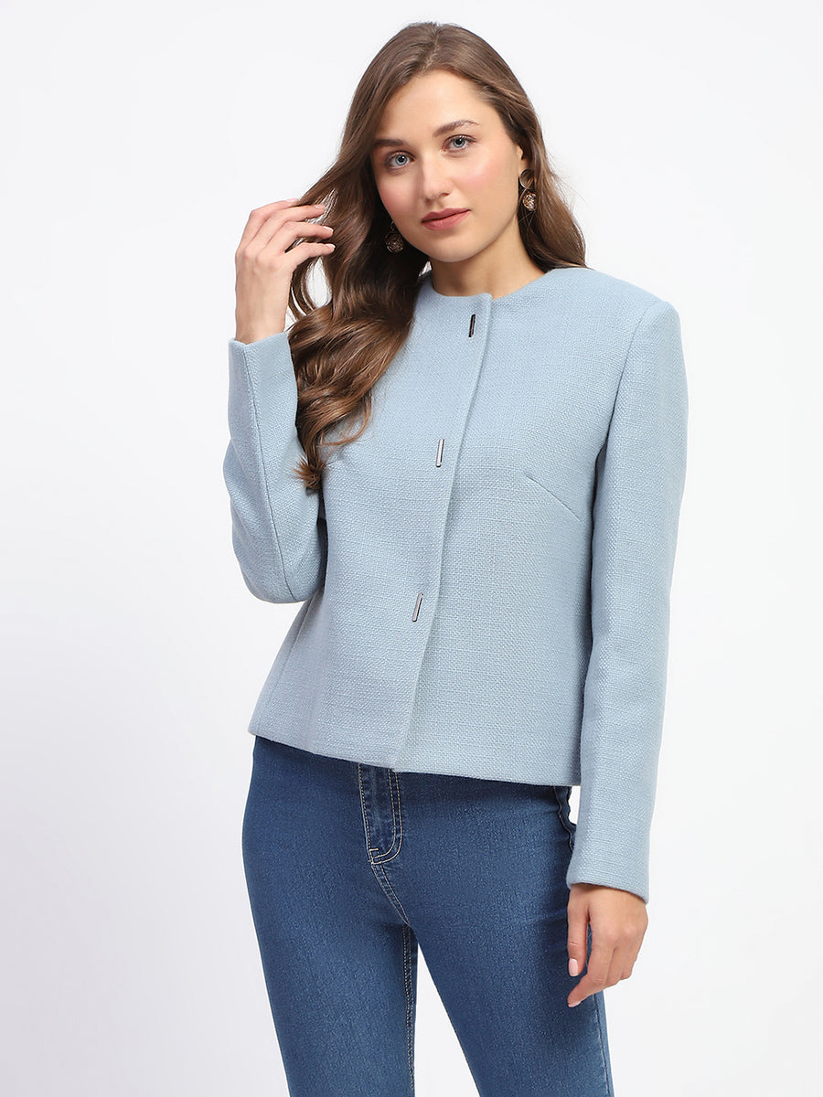 Madame Blue Crew Neck Buttoned Short Coat