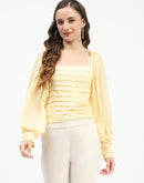 Madame Ruched Layered Square Neck Bishop Sleeve Yellow Top