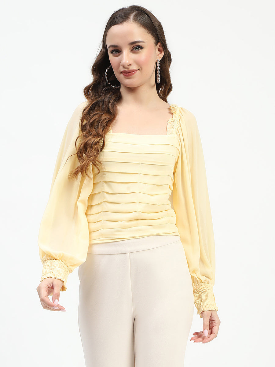 Madame Ruched Layered Square Neck Bishop Sleeve Yellow Top