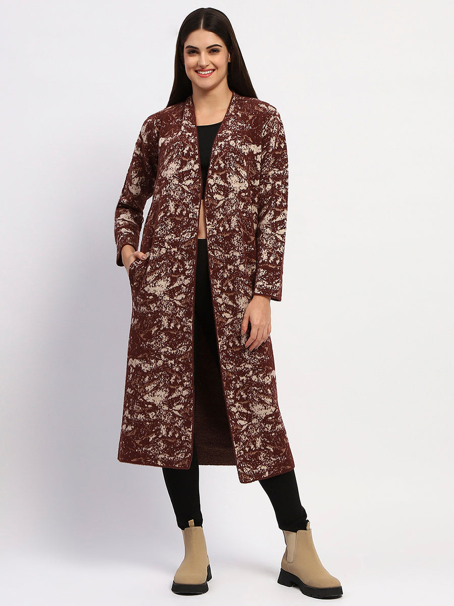 Madame Abstract Print Open Front Chocolate Brown Long Shrug