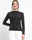 Madame Abstract Print Sleeve Crew Neck Black Top