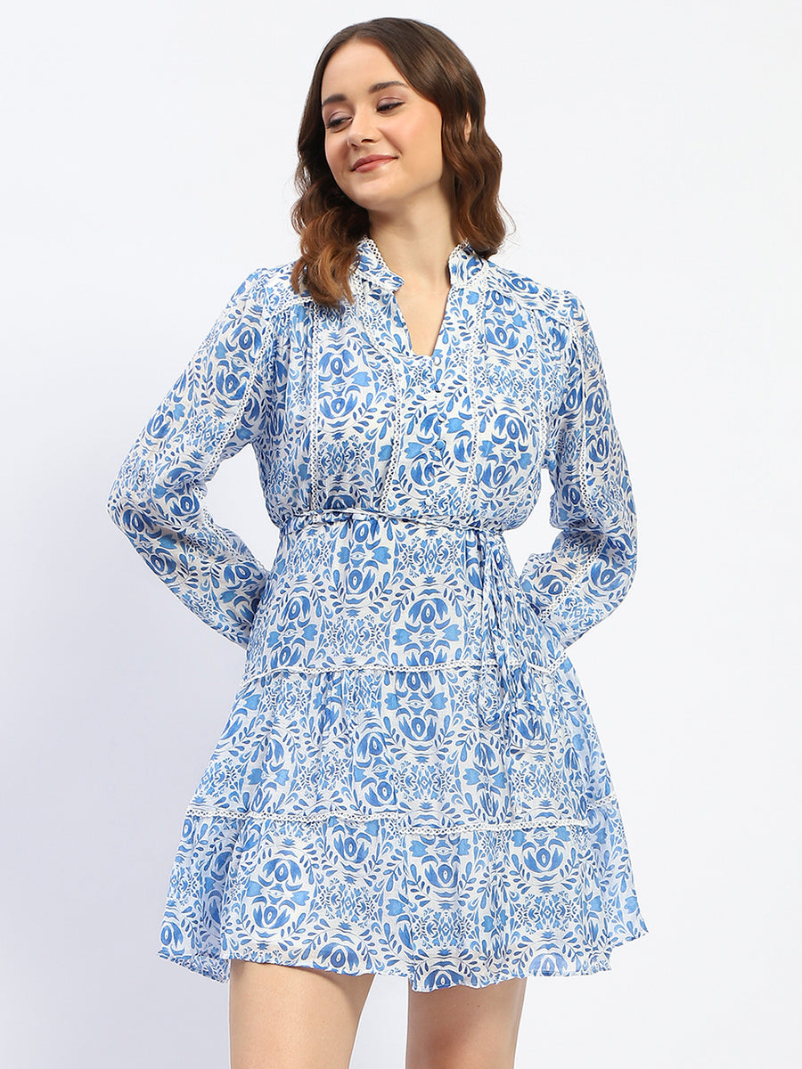 Madame Tiered Lace Detailed Blue Mini Dress