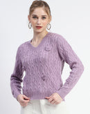 Madame Cable Knit Applique Flower Mauve Sweater