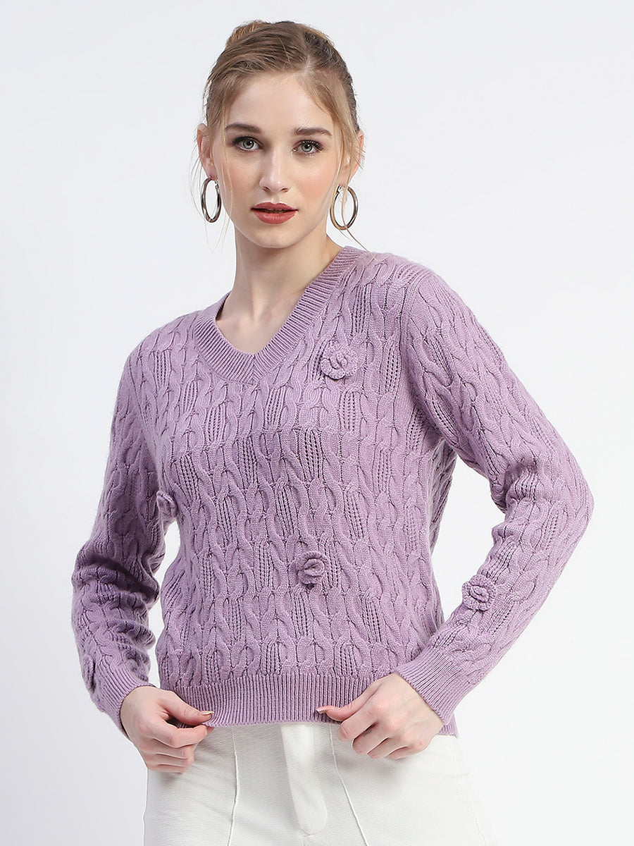 Madame Cable Knit Applique Flower Mauve Sweater