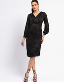 Madame Abstract Print Surplice Neck Black Midi Dress