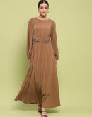 Madame Pleated Front Buckle Detailed Solid Golden Maxi Dress