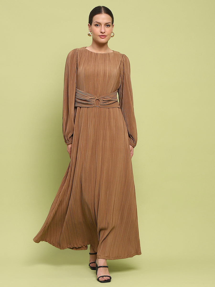 Madame Pleated Front Buckle Detailed Solid Golden Maxi Dress