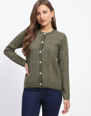 Madame Self-Designed Crew Neck Button Down Olive Green Cardigan