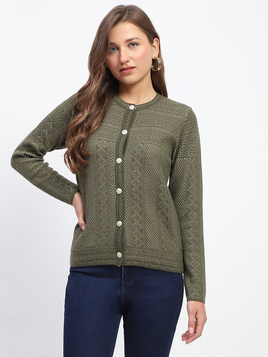 Madame Self-Designed Crew Neck Button Down Olive Green Cardigan