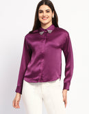 Madame Embellished Collar Cuff Sleeve Solid Purple Shirt