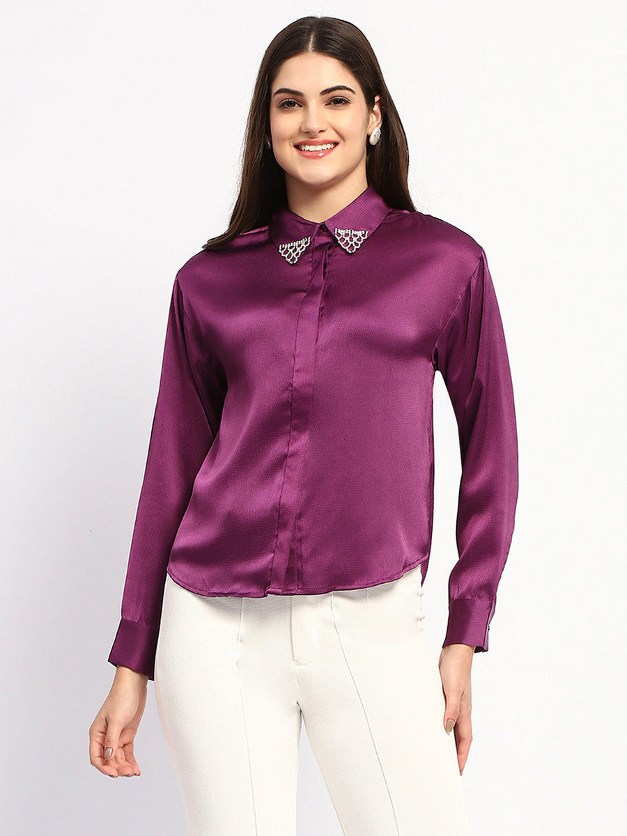 Madame Embellished Collar Cuff Sleeve Solid Purple Shirt