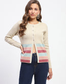 Madame Beige Striped Buttoned Cardigan